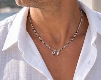 Men's Silver Steel Letter Initial Necklace, Personalized Double Initial Cuban Chain