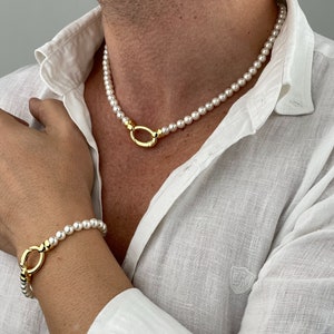 Mens Pearl Jewelry Set Gold Necklace and Bracelet Jewelry Set for Men Gift Silver Jewelry Set for Boyfriend Gift for Men y2k Jewelry zdjęcie 2
