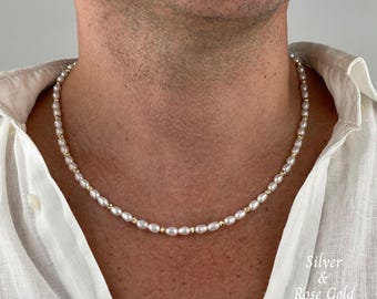 Collar de perlas de agua dulce para hombre / Collar de perlas para hombre / Joyería para hombre