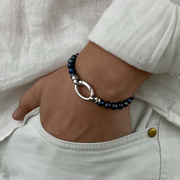 Bracelet de perles noires pour homme | Bracelet de perles noires d'eau douce pour homme | Bracelet de perles pour homme | Cadeaux pour hommes | Idée cadeau pour petit ami