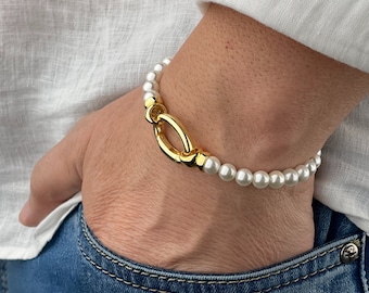 Mens Pearl Bracelet | Gold Pearl Bracelet for Men | Men Silver Pearl Bracelet | Gifts for Men | Gift Idea for Boyfriend | y2k Jewelry