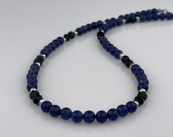 Lapis Lazuli Necklace, Lapis Jewelry For Men, Diamond Cut Silver Bead, Handmade