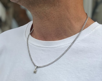 Collana da uomo in acciaio argentato con lettera iniziale, catena cubana