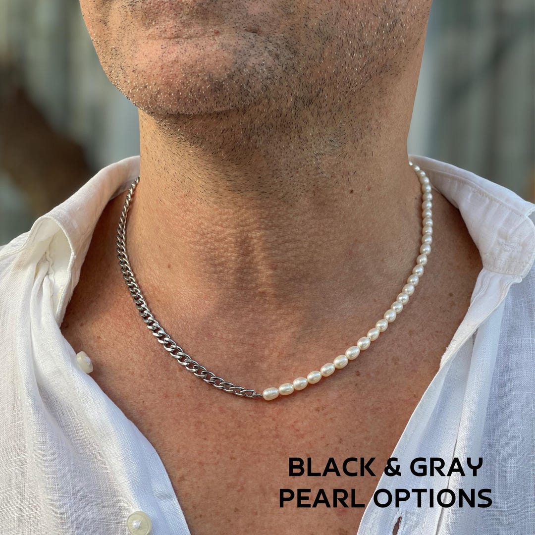 Pearl Chain Necklace, Half Pearl and Chain Necklace, Black Pearl