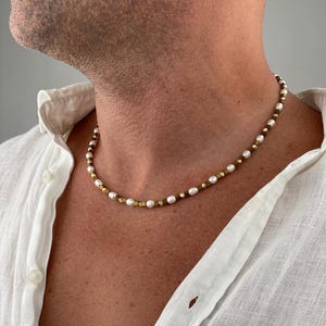 Mens Freshwater Pearl Necklace : Hematite & Diamond Cut Gold Beads