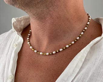 Mens Freshwater Pearl Necklace : Hematite & Diamond Cut Gold Beads
