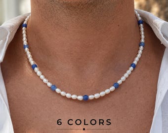 Men’s Freshwater Pearl Necklace, Agate Necklace, White Pearl Beaded Necklace, Men's Jewelry