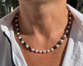 Collar de perlas de agua dulce para hombre con hematita / collar de perlas reales para hombres / regalos para hombres / collar de perlas de hematita de flecha