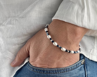Mens Freshwater Pearl Bracelet | Real Pearl Silver Bracelet for Men | Hematite Bracelet for Him | Mens Jewelry | Gift For Him