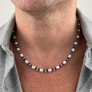 Mens Freshwater Pearl Necklace with Hematite | Pearl Necklace for Men | Gifts for Men | y2k Jewelry | Gold Necklace Birthday Gift for Him
