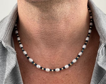 Collier homme perles d'eau douce avec hématite | Collier de perles pour homme | Cadeaux pour hommes | Bijoux de l'an 2000 | Collier en or cadeau d'anniversaire pour lui