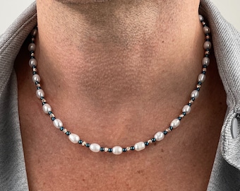 Collar de perlas de agua dulce para hombre con hematita azul / collar de perlas reales para hombres / regalos para hombres / collar de perlas de oro rosa / joyería y2k