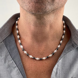 Mens Freshwater Pearl Necklace with Hematite | Real Pearl Silver Necklace for Men | Gifts for Men | 4mm silver beads Pearl Necklace