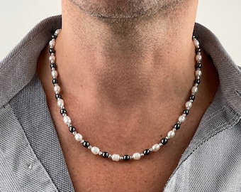 Collier homme perles d'eau douce avec hématite | Collier en argent avec perles véritables pour homme | Cadeaux pour hommes | Collier de perles en argent de 4 mm