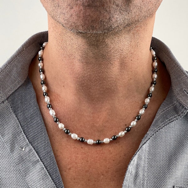 Collier homme perles d'eau douce avec hématite | Collier en argent avec perles véritables pour homme | Cadeaux pour hommes | Collier de perles en argent de 4 mm