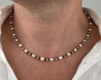 Men's Freshwater Pearl Necklace, Hematite Beaded Necklace for Men