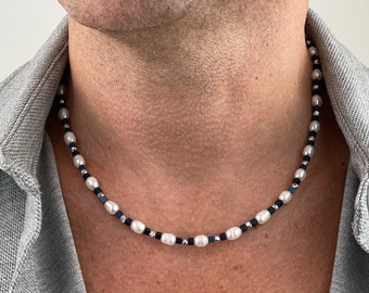 Mens Freshwater Pearl Necklace with Hematite | Real Pearl Silver Men's Necklace | Gifts for Men | Silver beads Pearl Necklace | y2k Jewelry