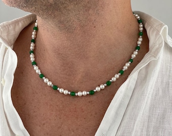 Green Necklace for Men | White Pearl