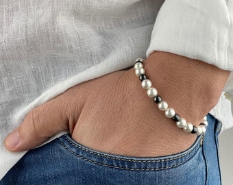 Mens Pearl Bracelet | Pearl Hematite Bracelet for Men | Gifts for Men | Gift Idea for Boyfriend | y2k Jewelry