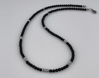 Men's Black Onyx Beaded Necklace, Black Onyx Jewelry, Hematite Detail