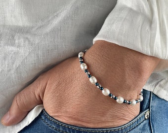 Mens Freshwater Pearl Bracelet | Real Pearl Silver Bracelet for Men | Gift idea for Men | Hematite Bracelet | Gift Bracelet for Boyfriend