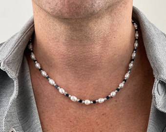 Herren-Süßwasserperlen-Halskette mit Hämatit | Perlenkette für Männer | Geschenke für Männer | y2k Schmuck | Silberne Halskette als Geburtstagsgeschenk für Ihn