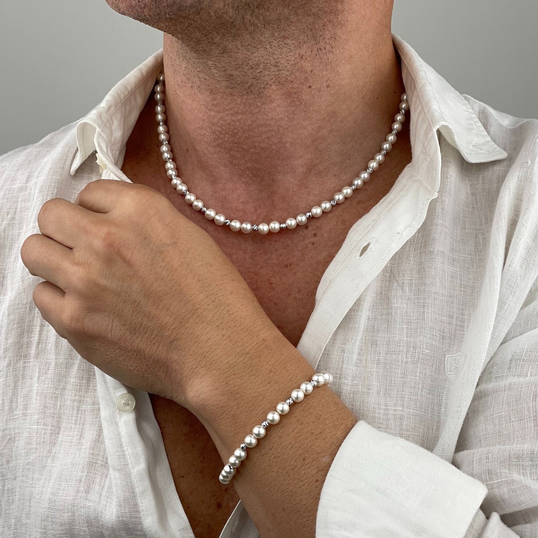 Men's Pearl Necklace and Bracelet Set, White Pearl