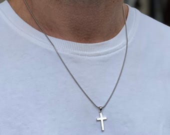 Cross Necklace for Men, Mens Necklace Waterproof Cross Pendant, 925 Sterling Silver Cross