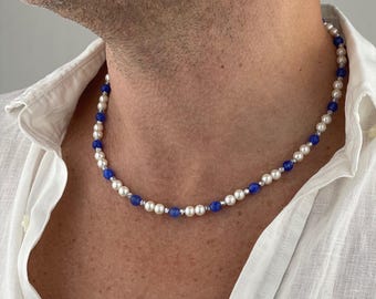 Men’s Pearl & Blue Agate Necklace, Handmade Men’s Jewelry