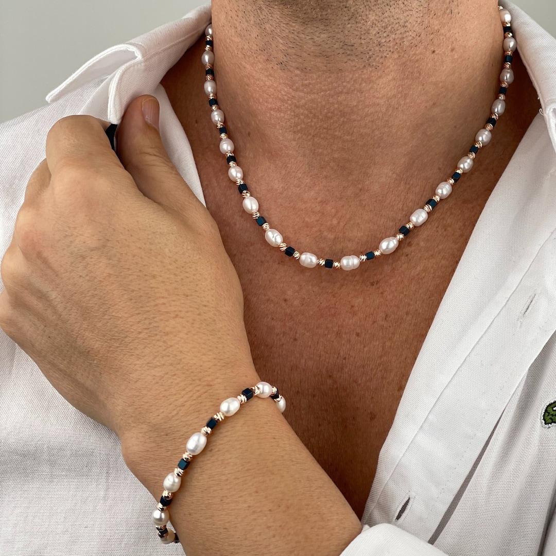 Parure De Bijoux Pour Homme En Perles D'eau Douce : Collier Et Bracelet En Or Rose - France