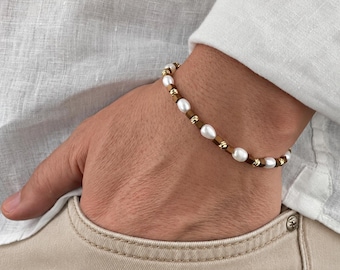 Men's Freshwater Pearl Bracelet, Hematite Beaded Bracelet for Men