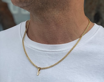 Gold Initial Necklace For Men, Cuban Chain