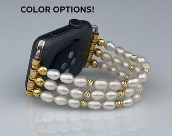 Beaded Apple Watch Band | 38mm 40mm 41mm 42mm 44mm Gold, Silver and Rose Watch Band | Freshwater Pearl Luxury Apple Watch Band with Necklace