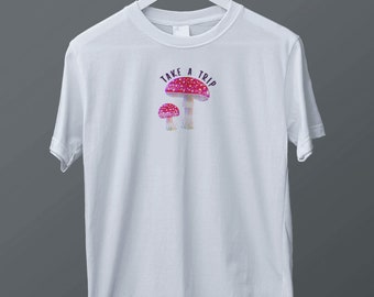 Take A Trip Mushroom White Cotton Short Sleeve Unisex Tshirt, Woman Clothing,Man Tshirt, High Quality, Special Design, Roll , Standart Fit