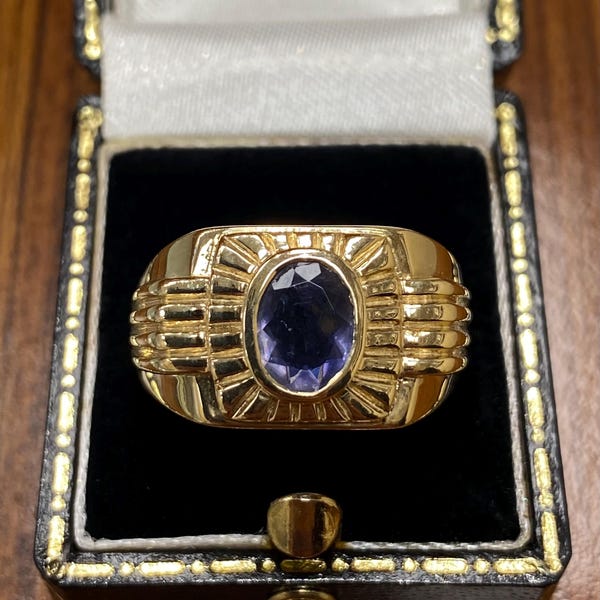 Gents Vintage 9ct Yellow Gold Blue Sapphire Signet Ring - Size V