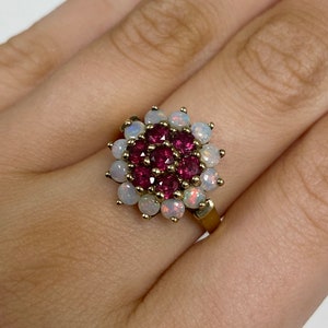 9ct Vintage Yellow Gold Opal And Ruby Ladies Dress Ring • October & July Birthstone