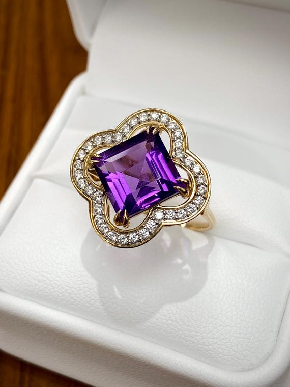 ladies 9ct gold dress rings Vintage Yellow Large Amethyst & Cubic Zirconia Ring • February Birthstone art deco dress rings