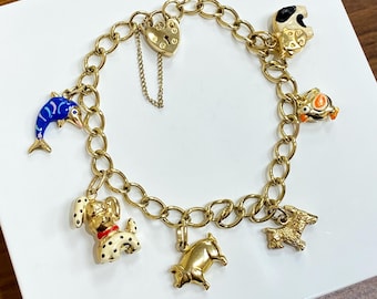 9ct Vintage Ladies Yellow Gold Charm Bracelet With Heart Padlock Complete With Six Animal Charms