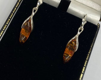 Very Large Natural Shape Genuine Amber Earrings, Brown Amber