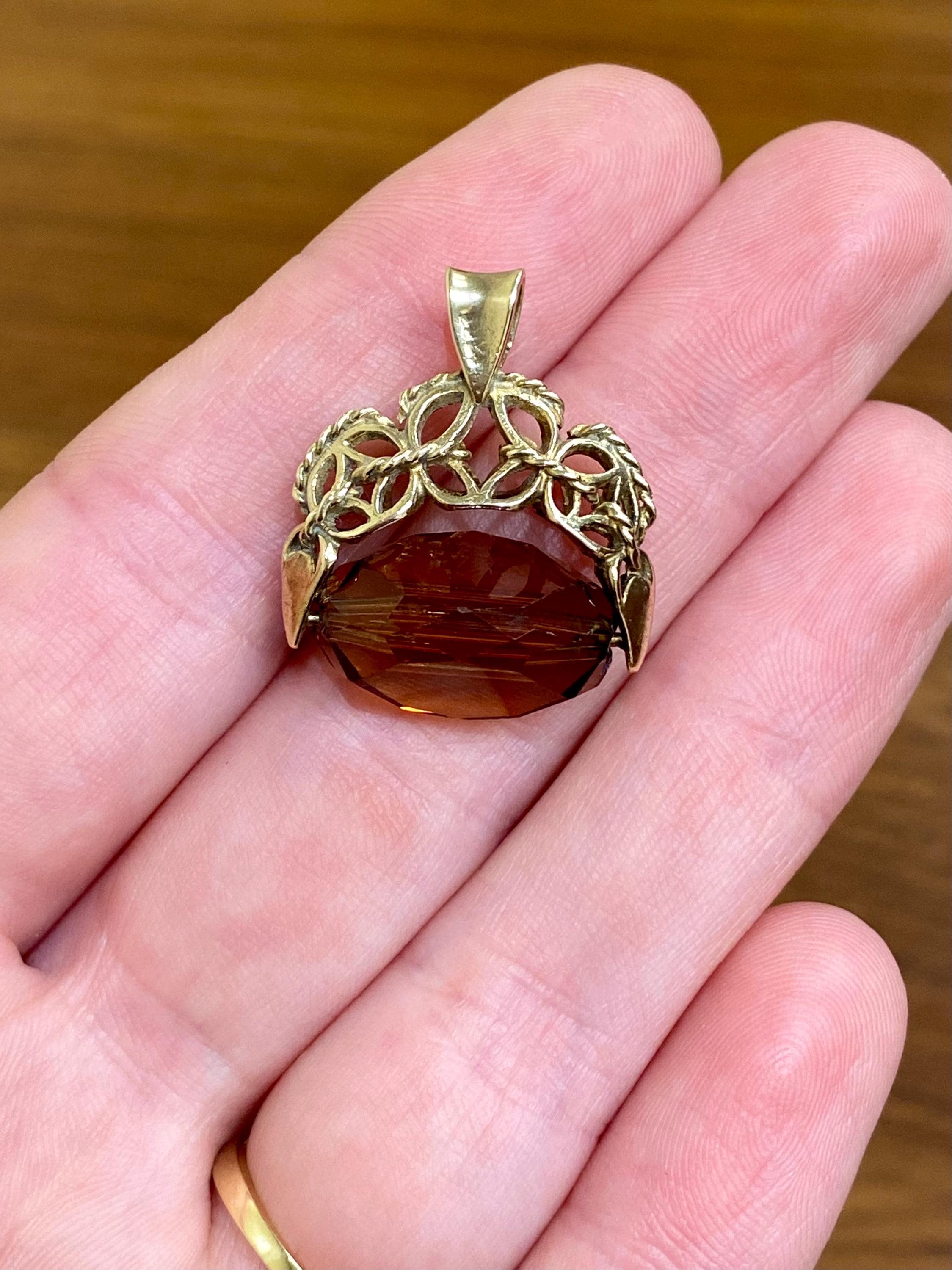9ct Vintage Yellow Gold Smokey Quartz Spinning Fob Pendant UK - Main Image