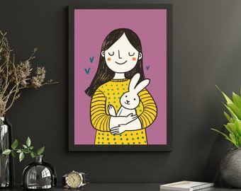 A girl and her bunny Digital Print, Poster, Wall Decor, Digital Download, Digital Poster, Printable art, Illustration