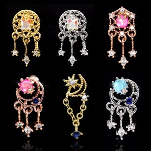 Dreamcatcher Earring, Mandala/Haxagram/Moon/Star/Sun Dangle Drop Helix / Cartilage / Tragus Earring, Screw Back Bar Steel Piercing Earring