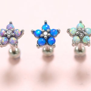 White/Purple/Blue Opal Flower Gem Crystal Ear Cartilage Helix Tragus Stud Earring, Conch Earrings, Screw Back Surgical Steel Body Piercing