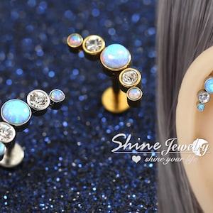 16g Weiß/BlauEr Opal Ohr kletterer, Opal Ohrknorpel Helix Conch Ohrstecker, Innenfaden Flachrücken Chirurgischem Stahl Körper Ohr Lippen Piercing