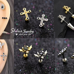 Punk Black Sword / Bat / Cross / Line Bar Ear Cartilage Helix Tragus Climber Stud Earring, Screw Back Barbell Surgical Steel Ear Piercing