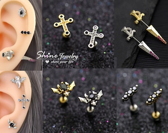 Punk Black Sword / Bat / Cross / Line Bar Ear Cartilage Helix Tragus Climber Stud Earring, Screw Back Barbell Surgical Steel Ear Piercing