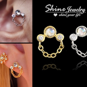Trilogy 3-stone Chain Drop Conch Earring, Helix Earring, Cartilage / Tragus Earring, Ear Lobe Climber, Screw Back Bar Steel Piercing Earring