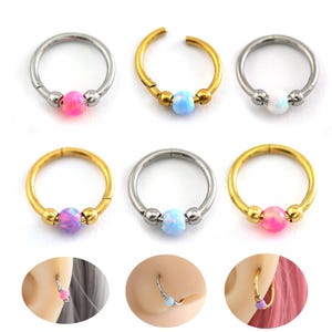 18g Titanium Seamless Hinged Segment Ring Hoop, Opal Bead Hoop Clicker Ring, Ear Nose Lip Eyebrow Cartilage Helix Septum Hoop Piercing