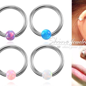 16g Opal Nose Ring, Captive Bead Ball Cartilage Ring Hoop, Ear, Earring, Septum, Conch, Daith, Helix, Tragus, Body Piercing Ring Hoop