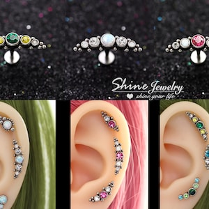 16g White Opal / Green / Pink Dots Ear Climber, Internal Thread Flat Back 316L Steel Ear Cartilage Helix Conch Piercing Ring Stud Earring